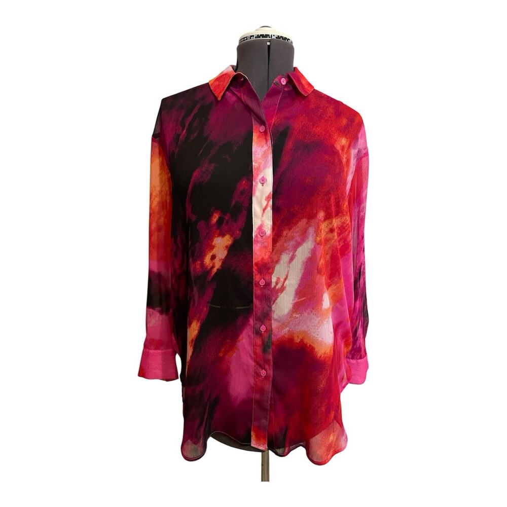 DKNY Womens Multicolor Printed Long Sleeve Collared Button-Up Shirt Size Small
